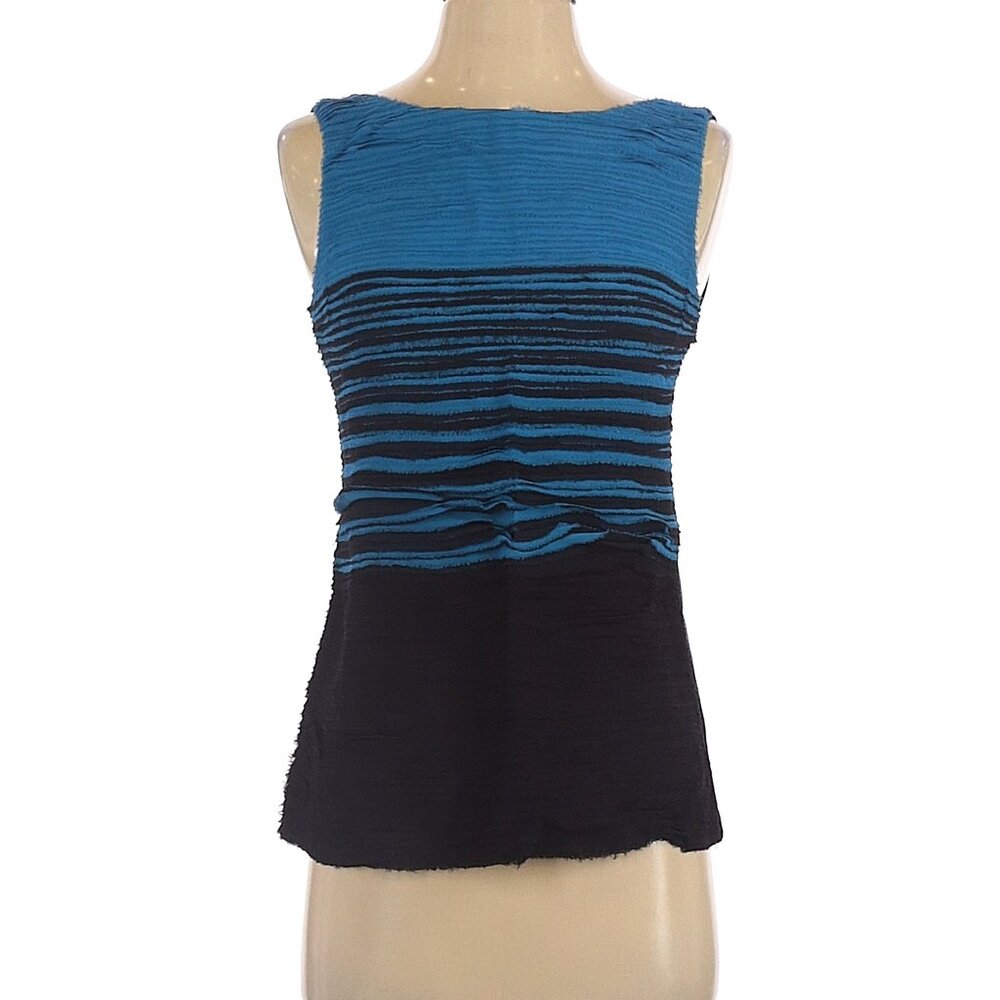 EUC Yoana Baraschi Blue Black Striped Sleeveless Blouse Size 2 Zipper Back